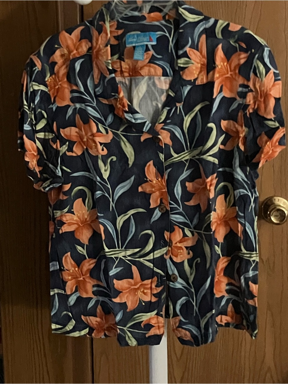 Islander Navy Blue Button-Down Top with Orange Floral Print